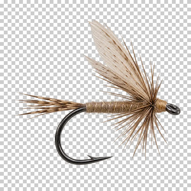 A tan artificial fishing fly with feather fibers tied to a single dark steel hook.