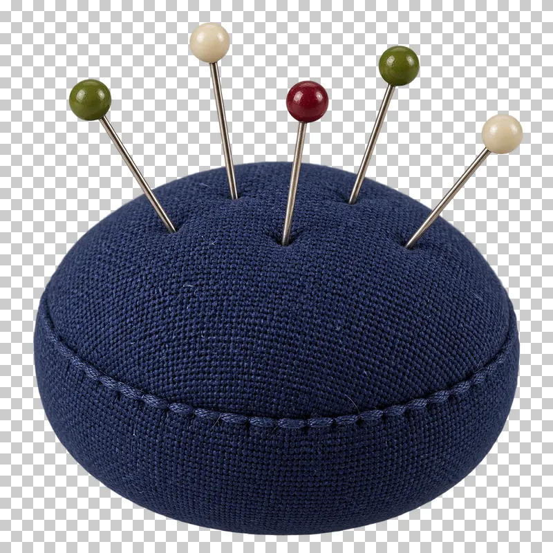 A navy cotton pincushion holding five pins with cream, burgundy and olive heads.