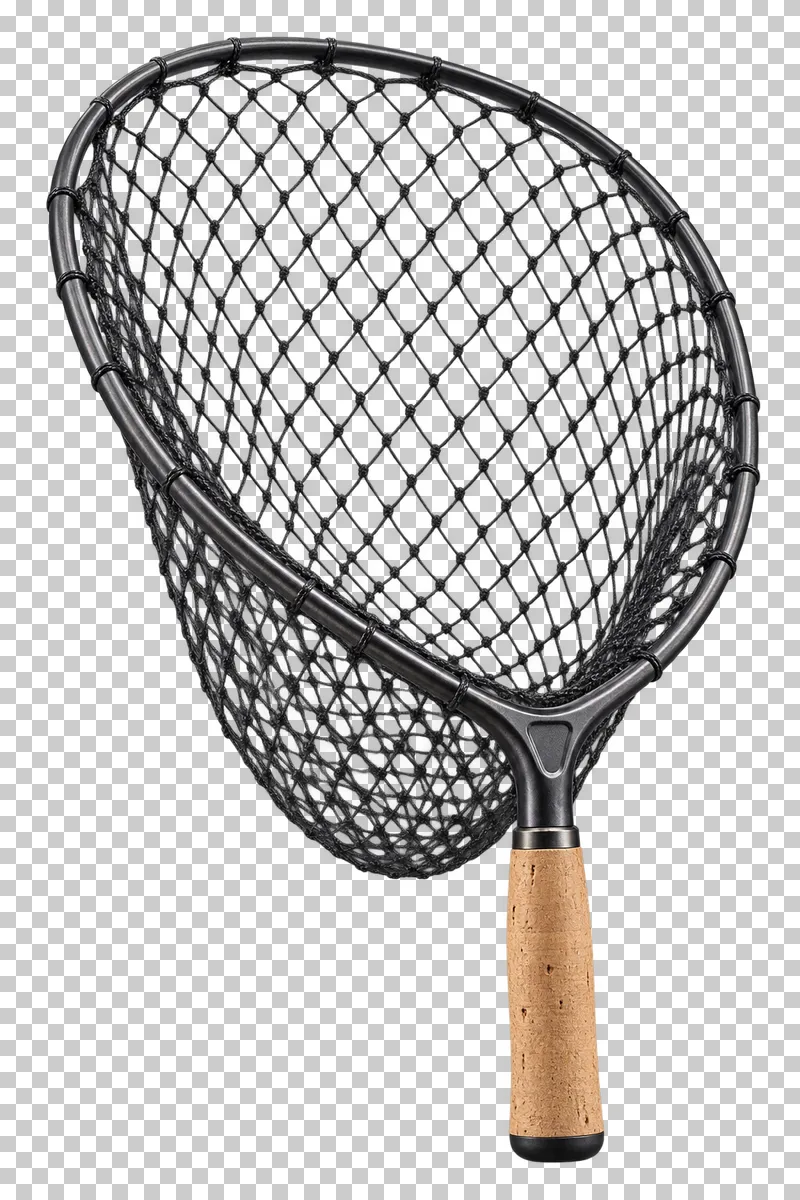 An oval landing net with open nylon mesh and a short cork handle.