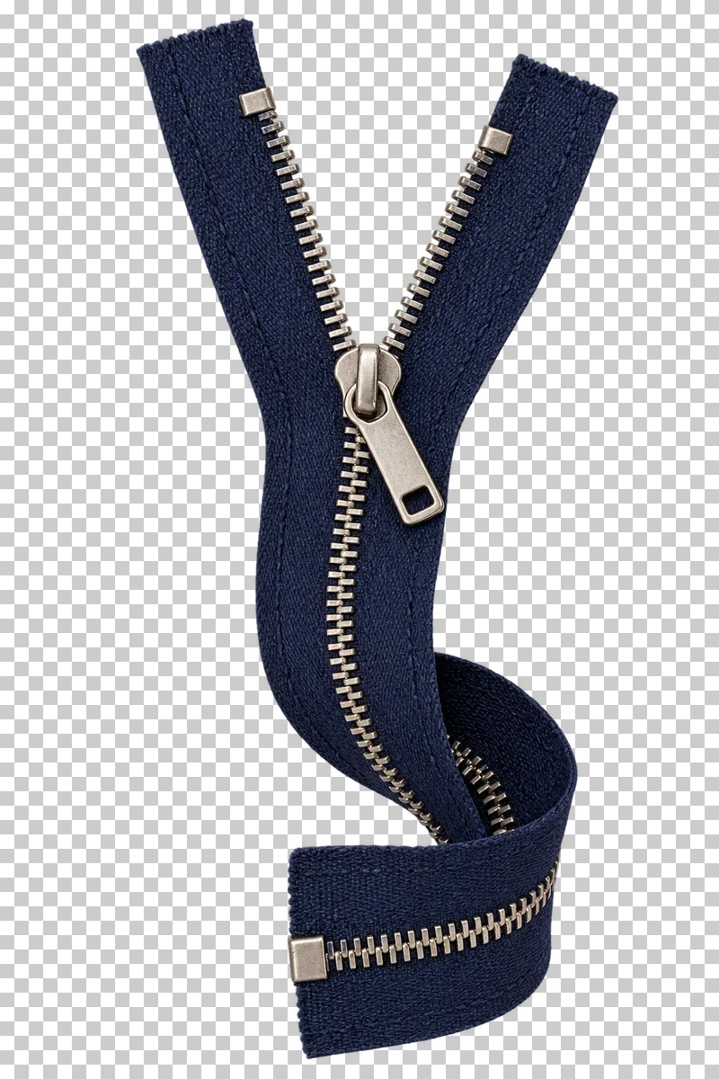 A navy zipper with silver teeth, one slider and a partially unrolled lower section.