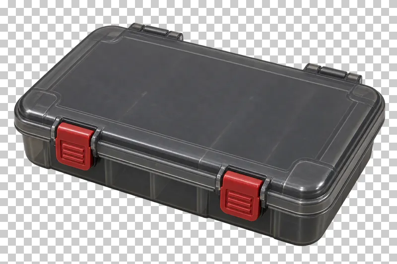 A closed charcoal tackle box with two red snap latches.