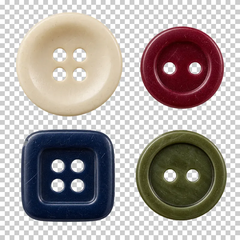 Four cream, burgundy, navy and olive sewing buttons with two or four holes.