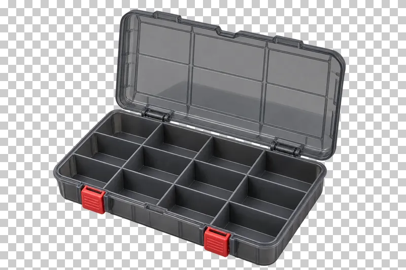 An open charcoal tackle box with twelve empty compartments and an attached lid.