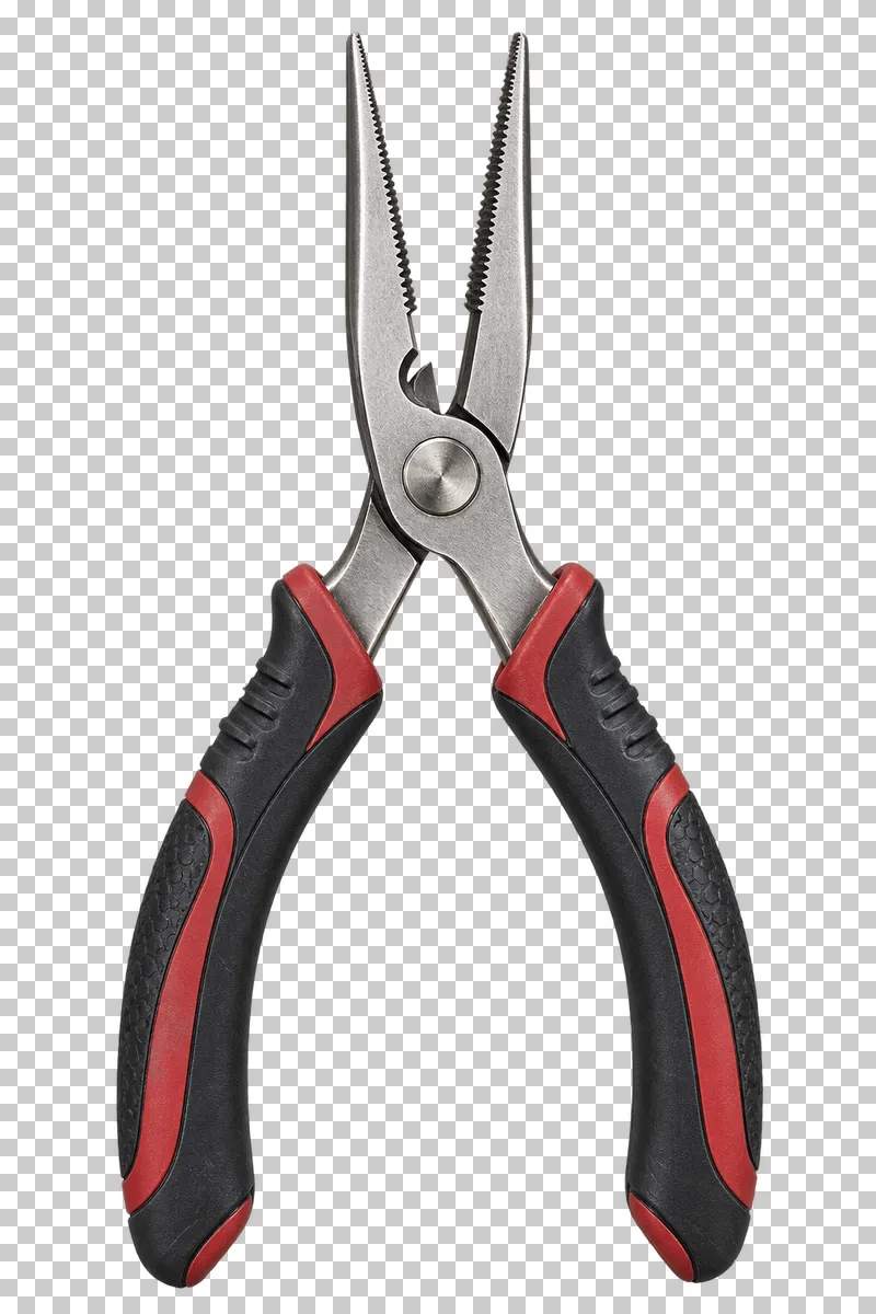 Stainless-steel fishing pliers with narrow jaws and black-and-red rubber grips.