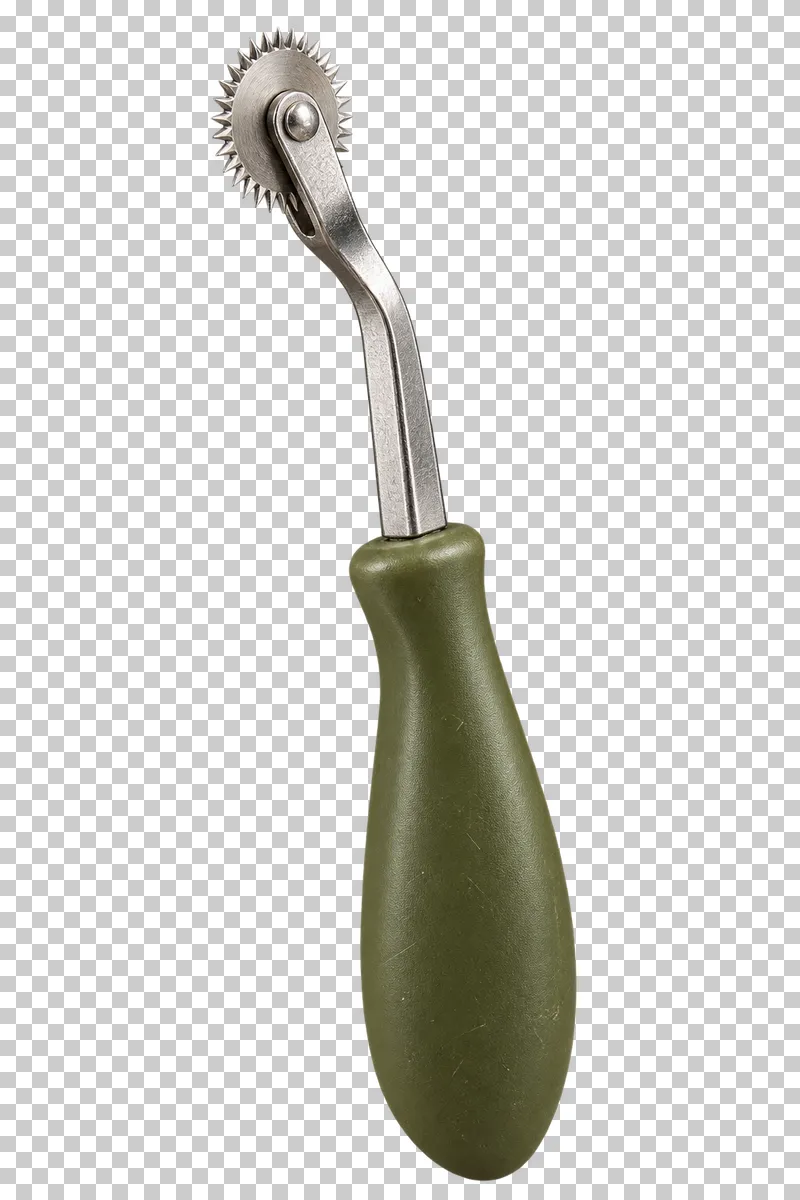 A steel tracing wheel with pointed teeth and an olive handle.