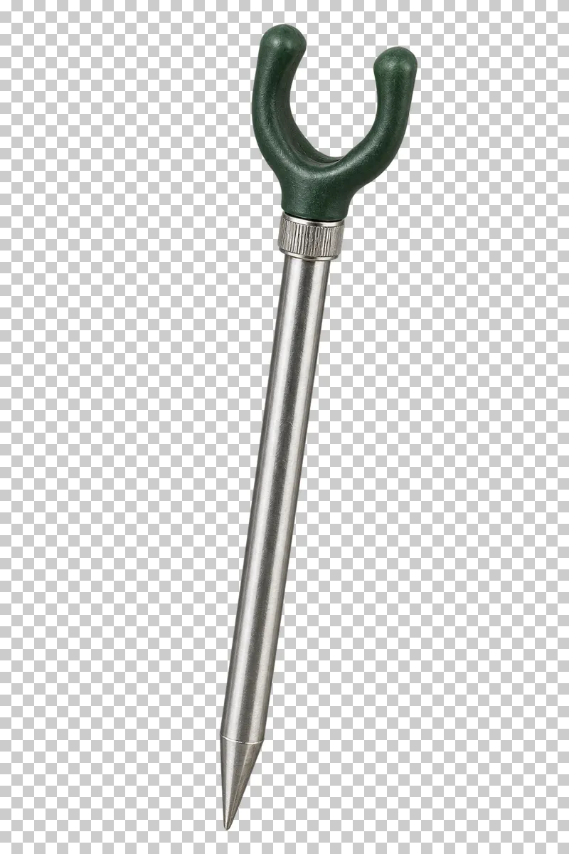 A silver fishing rod rest with a green U-shaped cradle and pointed ground spike.