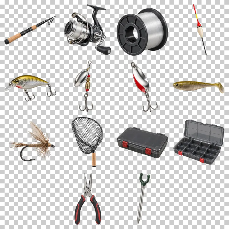 Fishing Equipment Photo PNG Collection: all 14 elements in one grid