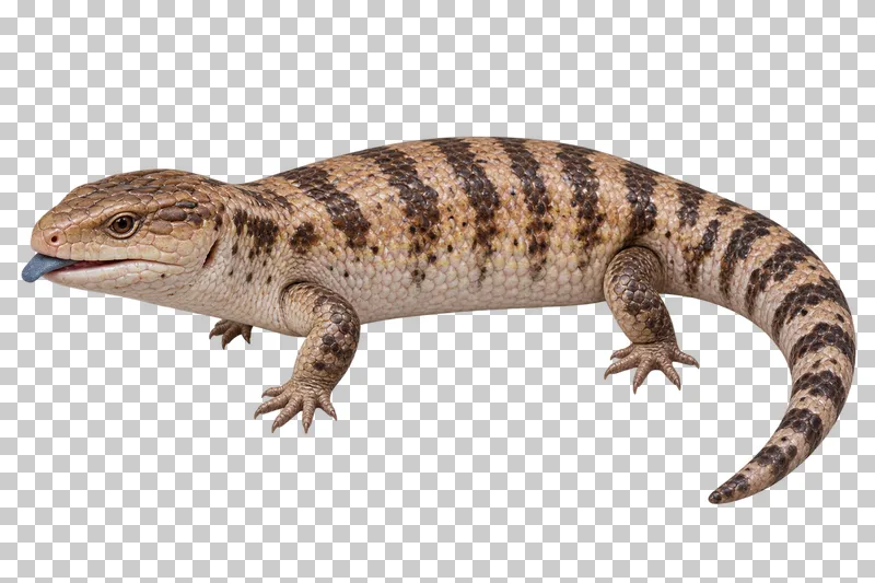 Blue-tongued skink with a broad scaled body, short legs and a visible blue tongue.