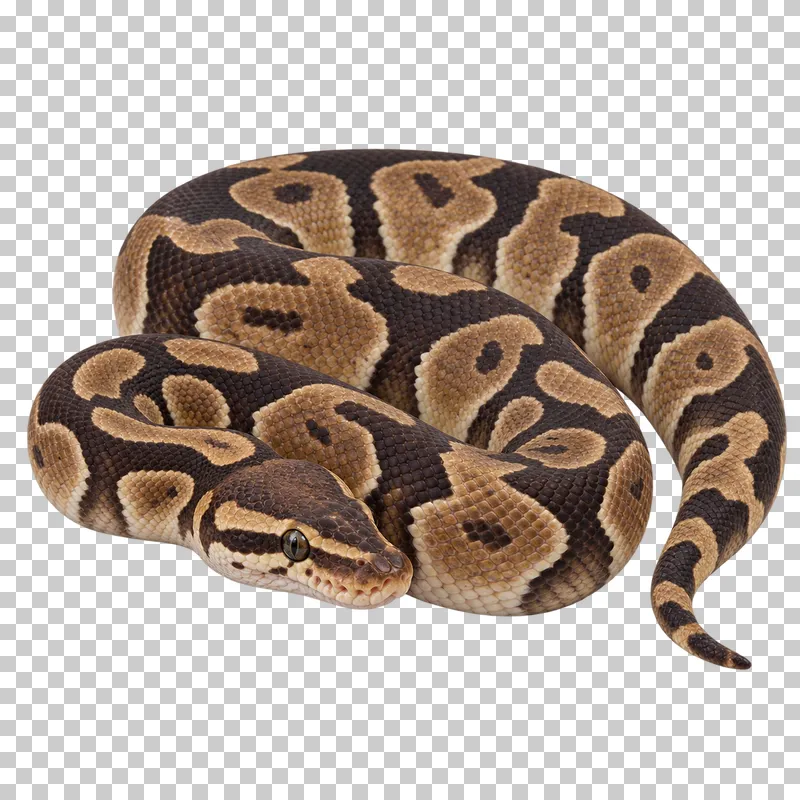Brown and tan ball python resting in a relaxed coil with its head visible.