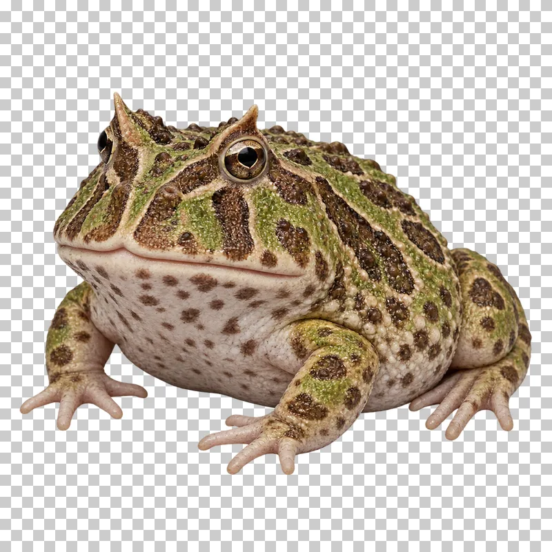 Horned frog with a broad patterned body and raised ridges above its eyes.