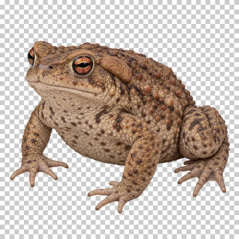 Common toad with textured brown skin and folded hind legs in a relaxed crouch.