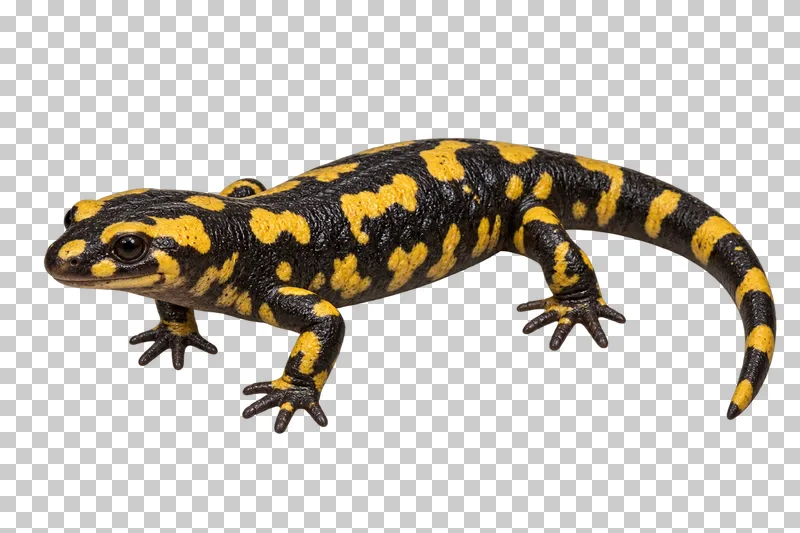 Black fire salamander with yellow markings, four short legs and a complete tail.