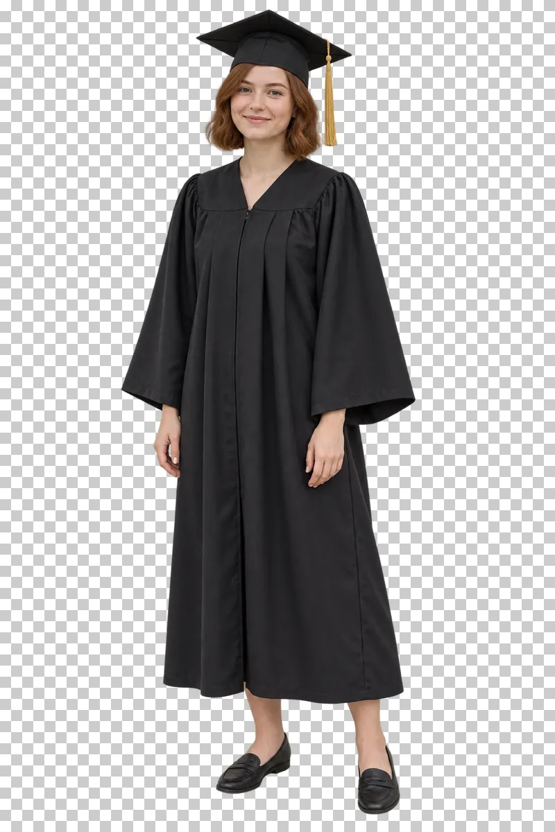 Full-length graduate woman standing casually in a black gown with her arms relaxed at her sides.