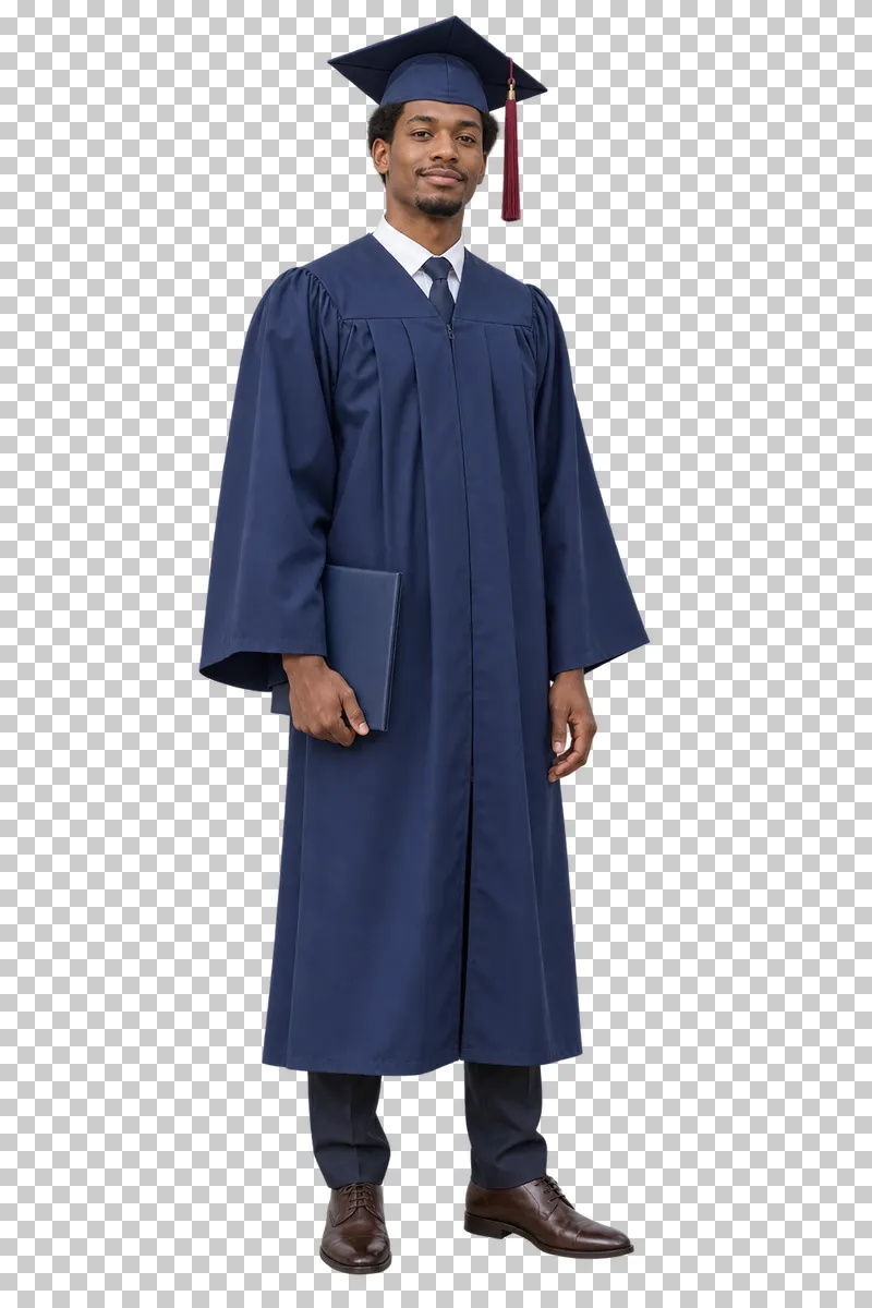Full-length graduate man in a navy gown holding a closed diploma folder at his side.