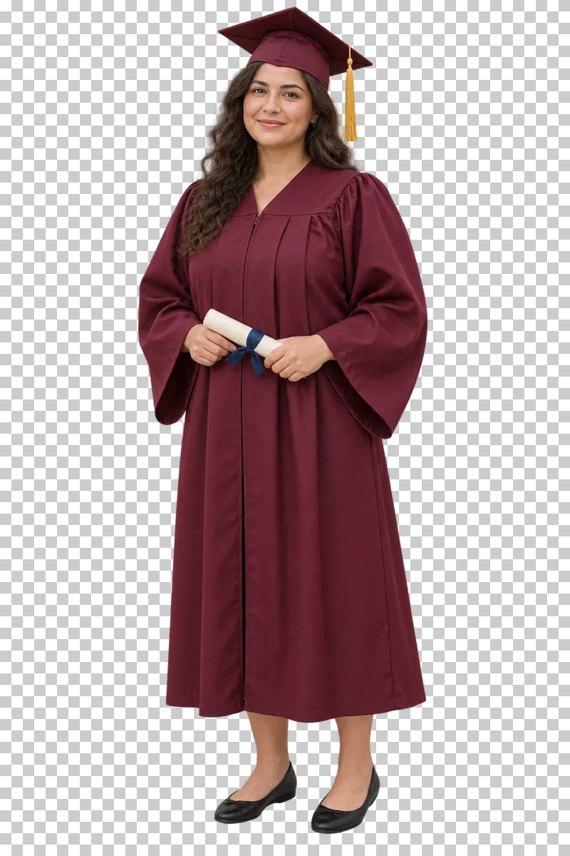 Full-length graduate woman in a burgundy gown holding a rolled diploma with both hands.