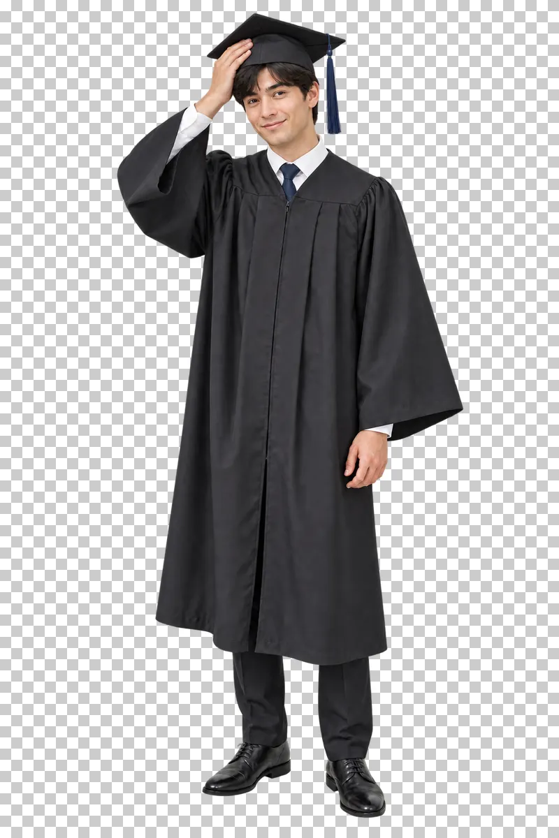 Full-length graduate man in a black gown adjusting his mortarboard with an open hand resting against the cap.