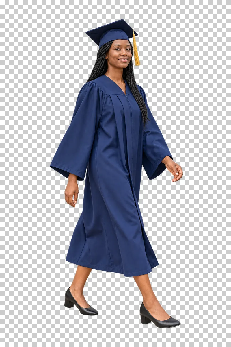 Full-length graduate woman with braids taking a calm step in a navy gown.