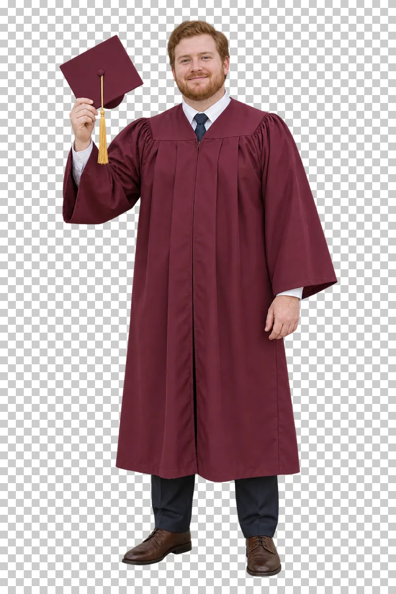 Full-length graduate man in a burgundy gown holding his mortarboard raised in one hand.