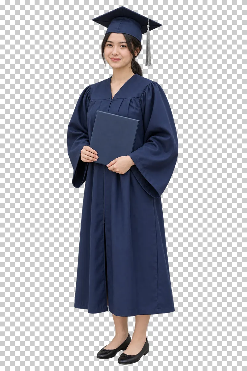 Full-length graduate woman in a navy gown holding a closed diploma folder in front of her.