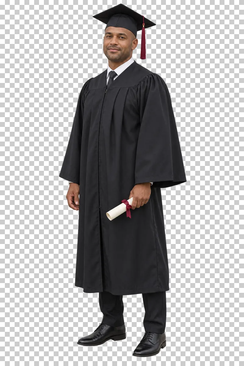 Full-length graduate man in a black gown holding a rolled diploma beside his thigh.