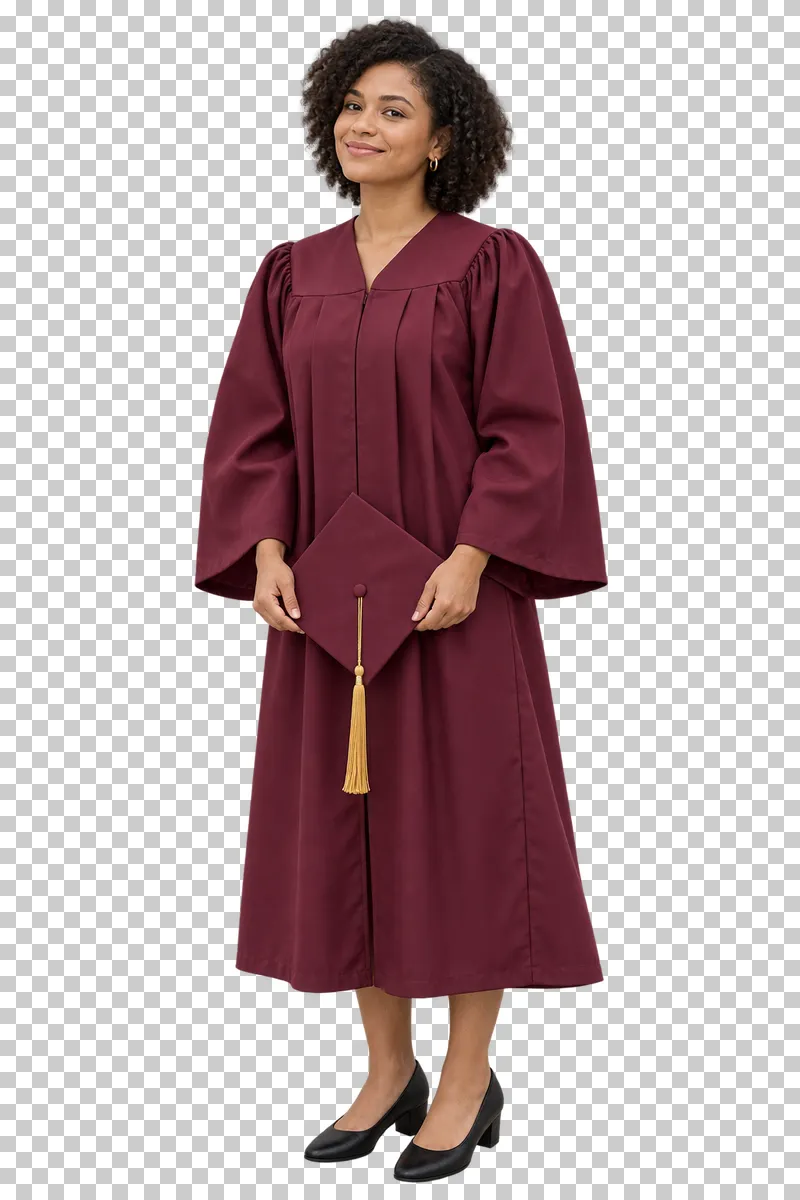 Full-length graduate woman in a burgundy gown holding her mortarboard low in both hands.