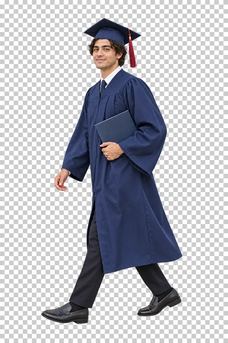 Full-length graduate man in a navy gown walking with a closed diploma folder under his arm.