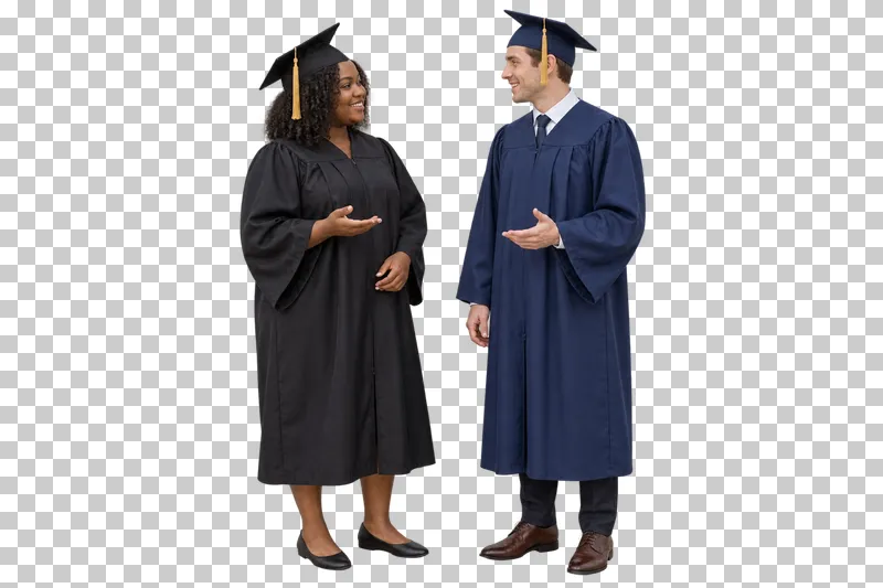 Two full-length graduates in black and navy gowns facing each other in natural conversation.
