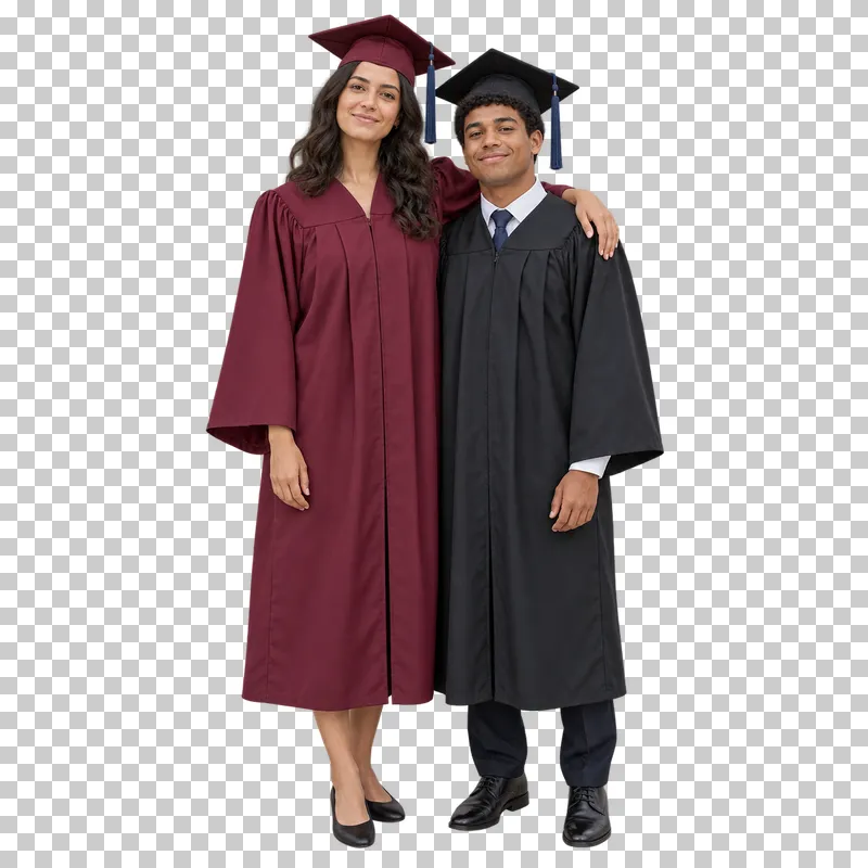 Two full-length graduates in burgundy and black gowns posing together with an arm around the shoulders.