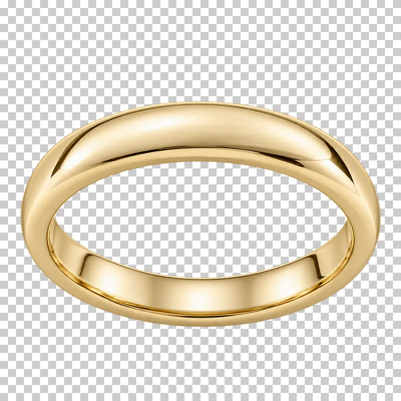 A plain yellow gold wedding band with rounded edges, viewed at an angle.