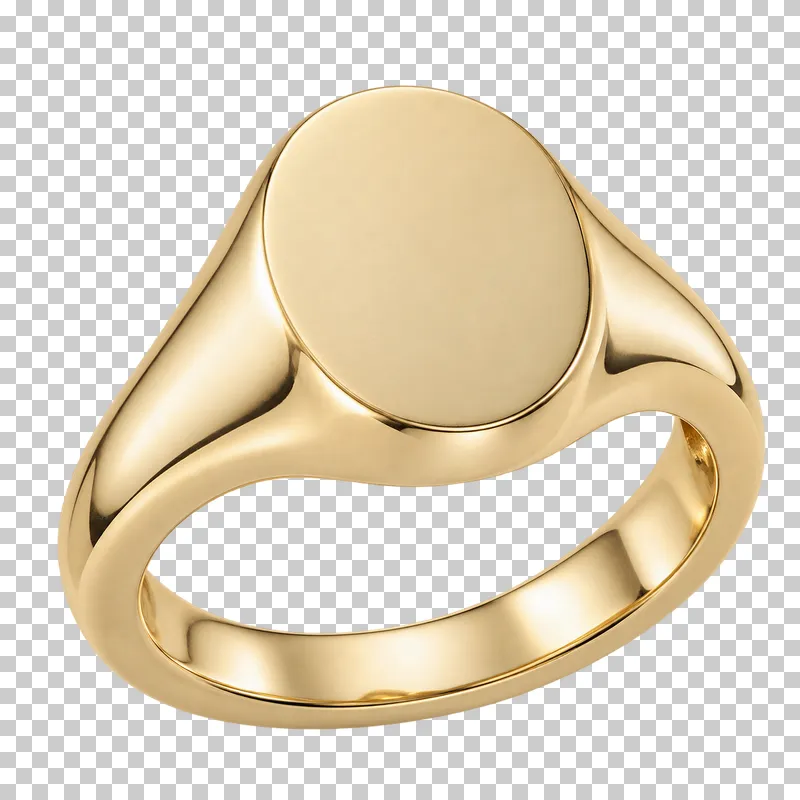 A yellow gold signet ring with a blank oval face and tapered shoulders.