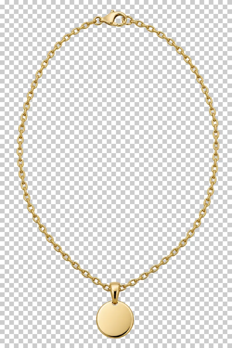 A fine gold chain arranged in an oval with a small round pendant and lobster clasp.