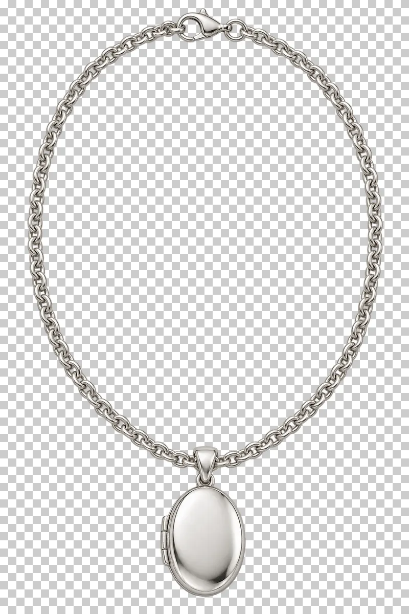 A silver chain necklace with a plain oval hinged locket and lobster clasp.