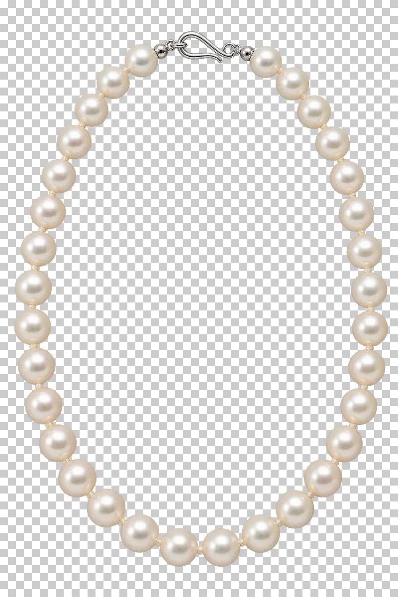 A strand of cream pearls arranged in an oval with a silver hook clasp.