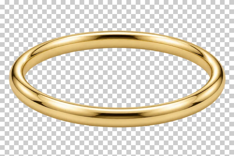 A plain closed gold bangle viewed at an angle with its complete inner opening visible.
