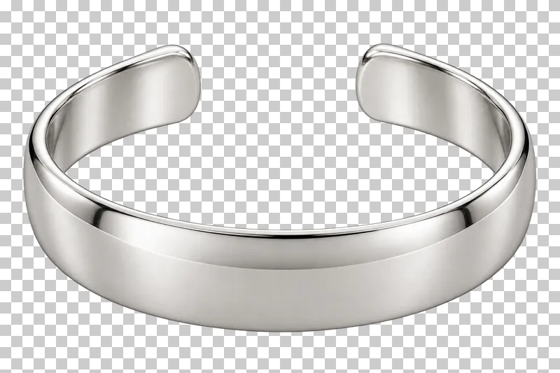 A broad open silver cuff bracelet with smooth rounded ends.