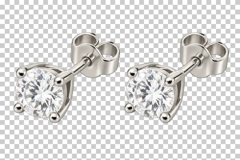 A matching pair of silver stud earrings with clear round stones and butterfly backs.