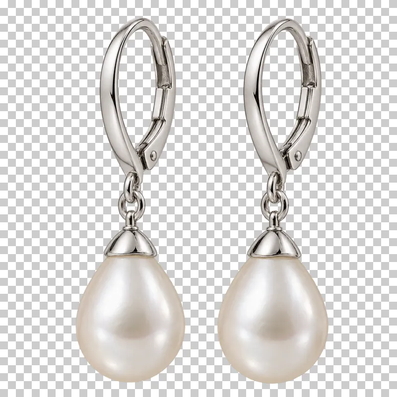 A matching pair of cream pearl drop earrings with silver caps and leverback fittings.