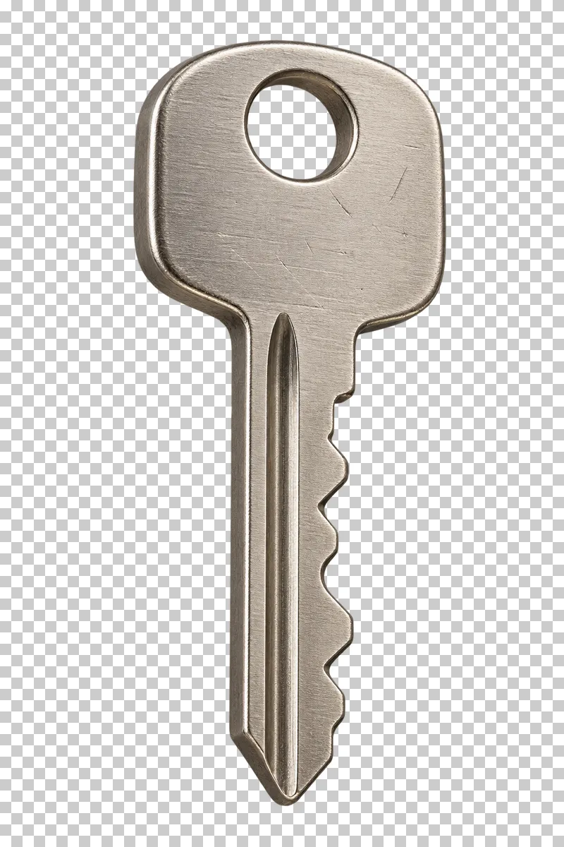 A brushed silver door key with a round bow opening and fictional edge cuts.