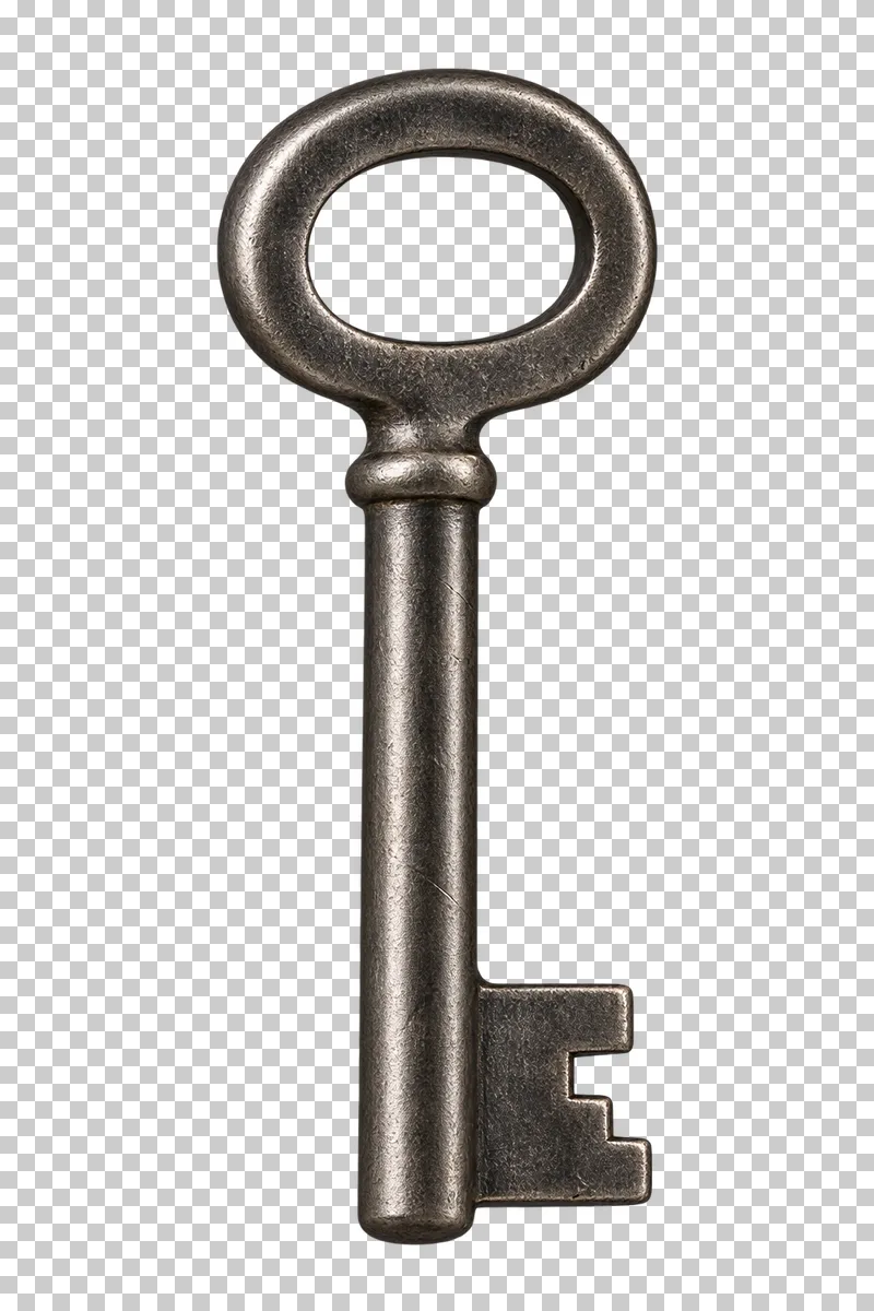 An aged dark steel bit key with an oval bow and a long round shaft.