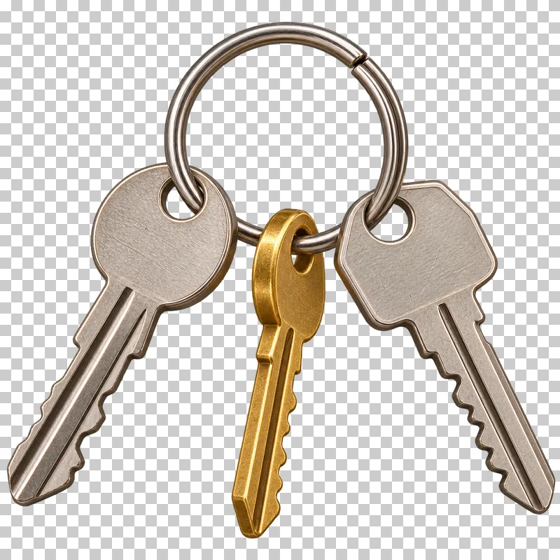 Three metal door keys, each threaded through its own bow hole onto one steel ring.