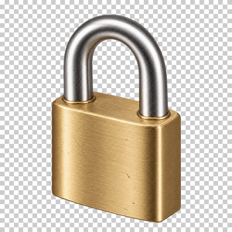A closed brass padlock with a steel shackle, seen from slightly above.