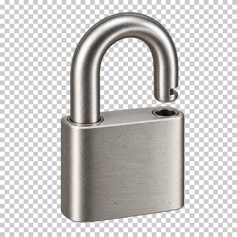 An open steel padlock with one shackle end raised above its socket.