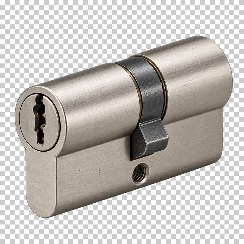 A satin nickel euro-profile lock cylinder with a dark central cam.
