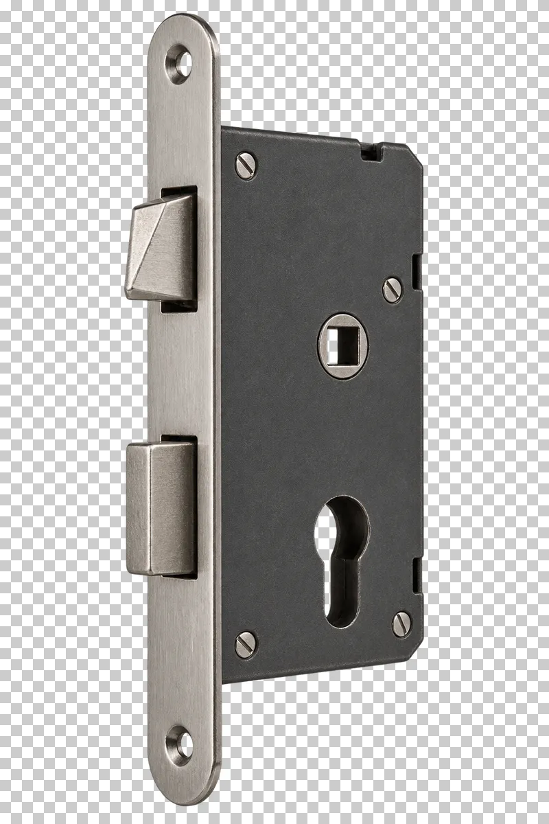 A mortise lock with a steel faceplate, beveled latch and rectangular deadbolt.