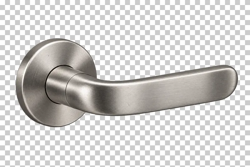 A brushed steel lever handle attached to a round rose.