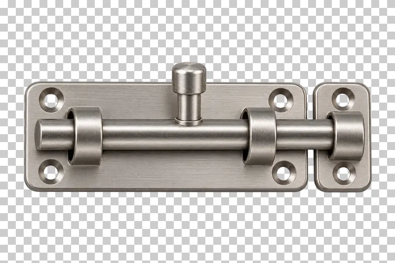 A brushed steel slide bolt on a mounting plate with an aligned keeper.