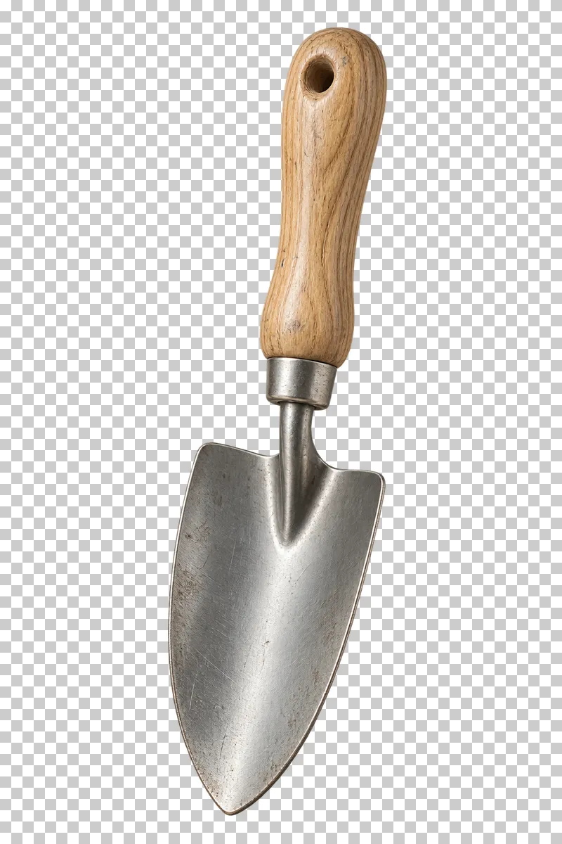 A steel garden trowel with a natural wooden handle and light surface scratches.