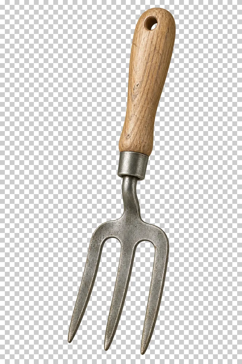 A three-tine steel hand fork with a wooden handle and metal ferrule.