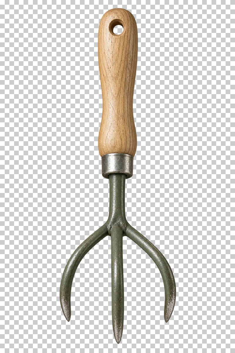 A three-claw hand cultivator with a wooden handle and curved metal tines.