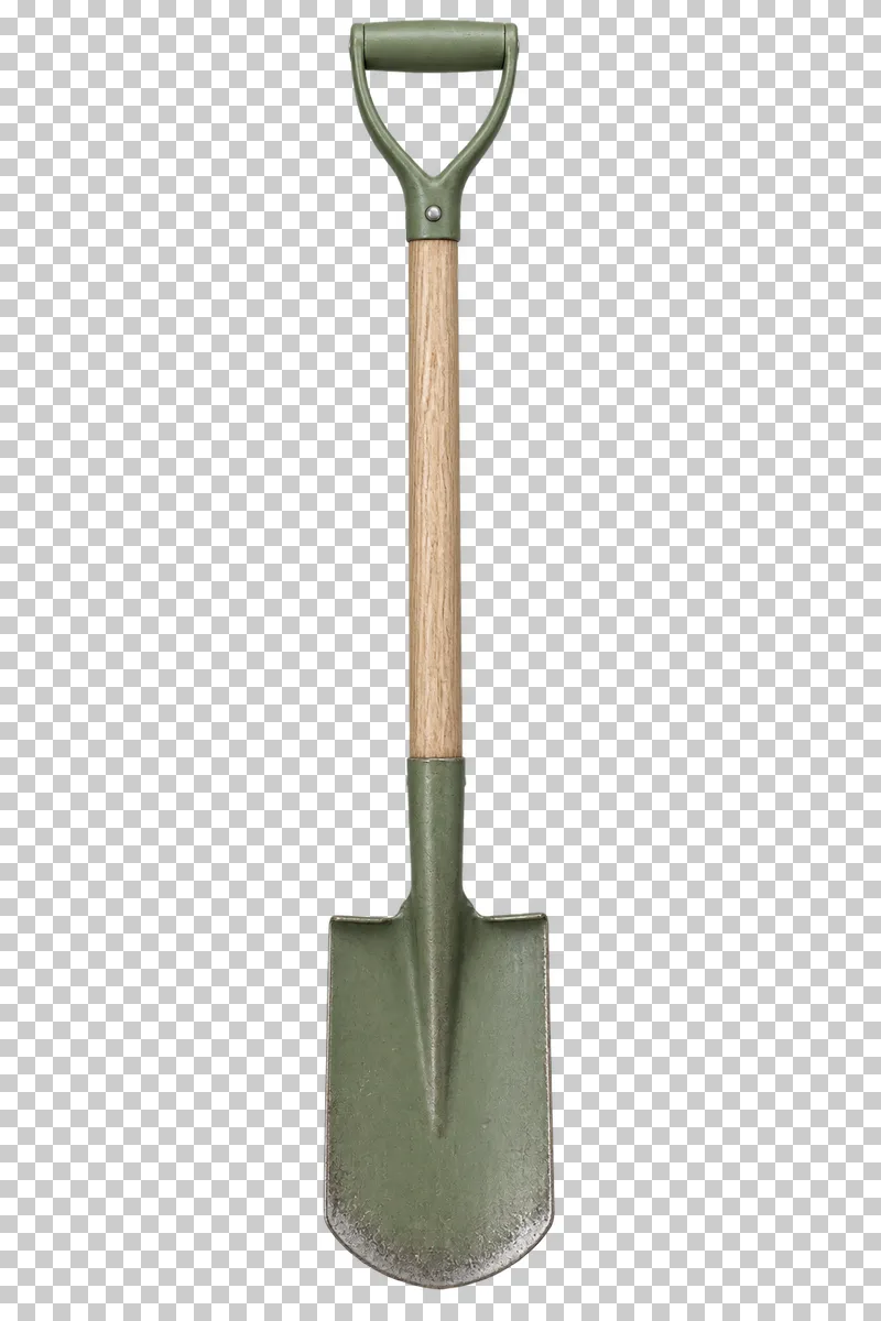 A full-length garden spade with a wooden shaft, green D-grip and metal blade.